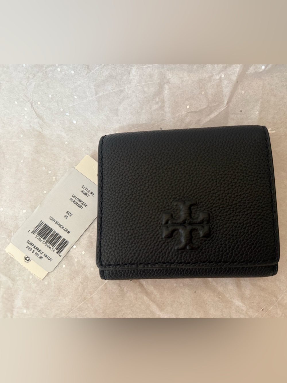 Tory Burch Black Pebbled Leather Compact Wallet with Logo Detail